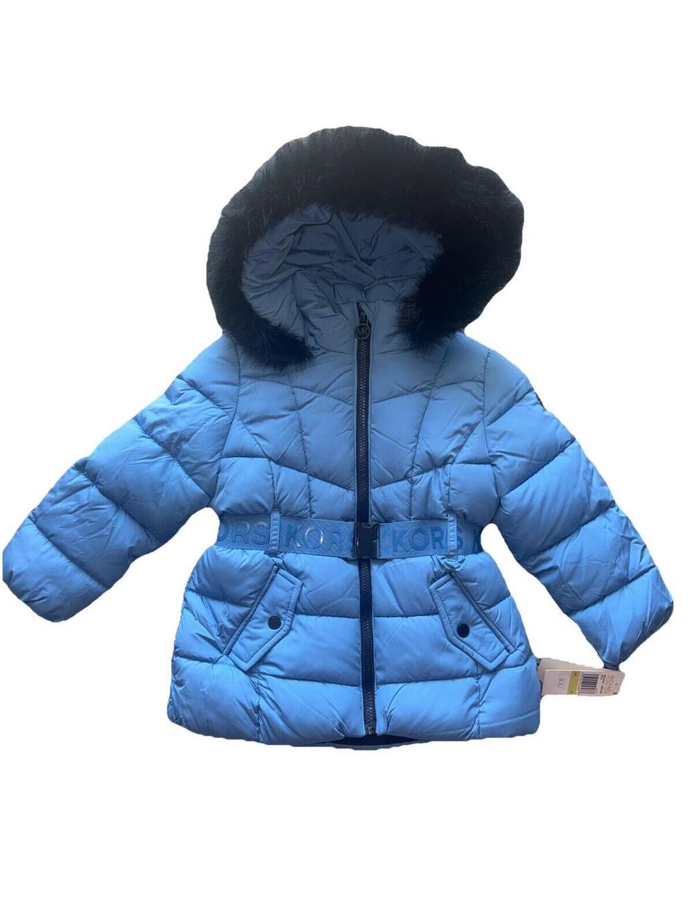 Michael Kors Girls Blue Puffer Jacket Faux Fur Hood Belted Winter Coat Size 4